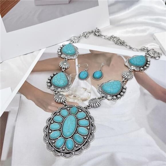 Exaggerated Turquoise Jewelery Set for Women Dangle Earring Pendant Choker - Picture 5 of 7